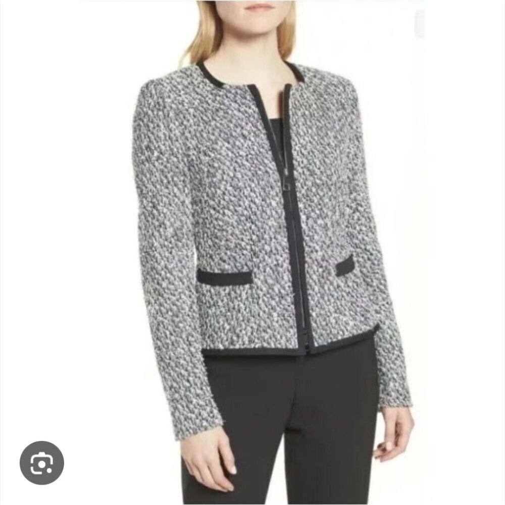 BOSS | Kalaila wool-blend tweed zip-up jacket Blazer black white blue Sz 4
